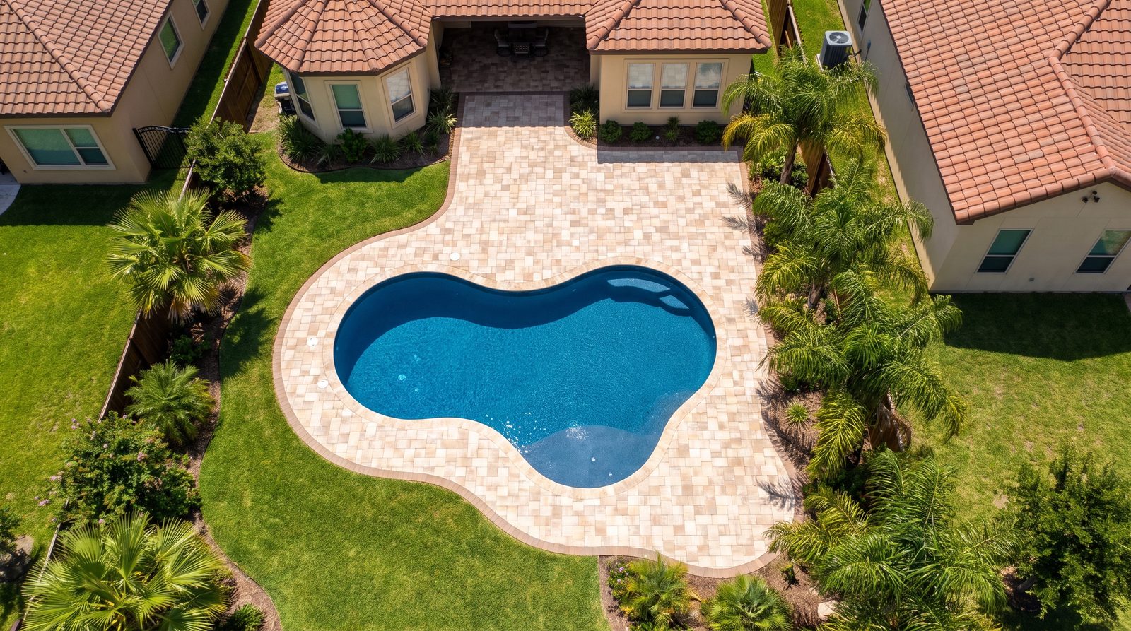Aerial view of a finished custom pool and paver deck at a McAllen, TX home