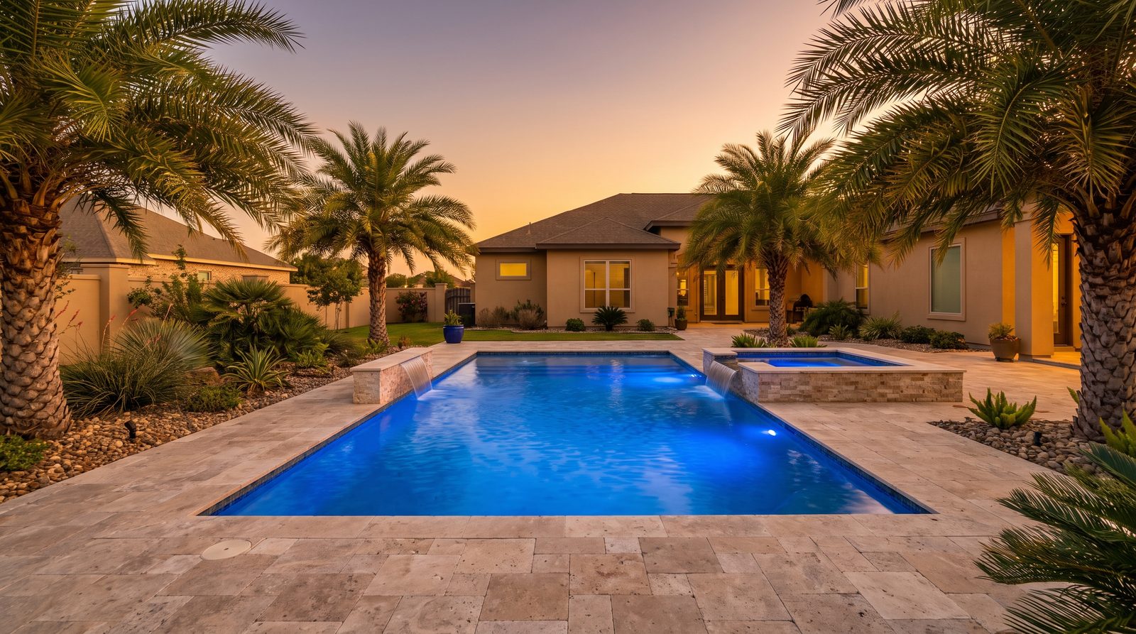 Custom gunite pool with a raised spa built by a McAllen pool builder in a Rio Grande Valley backyard at sunset