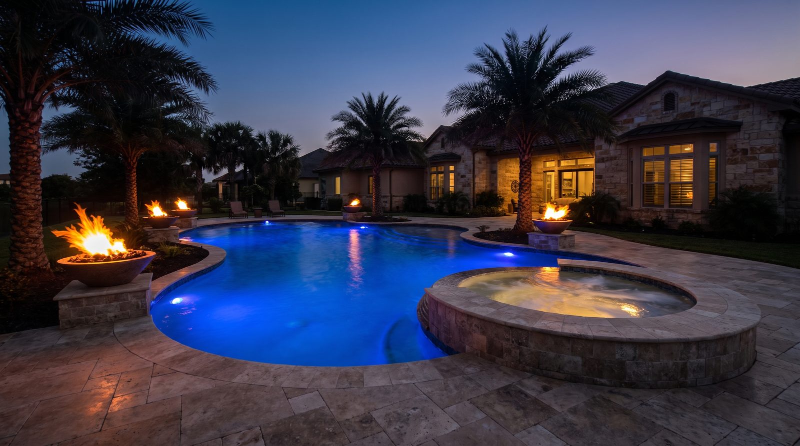 Custom McAllen pool lit at twilight with a raised spa and fire bowls on the deck
