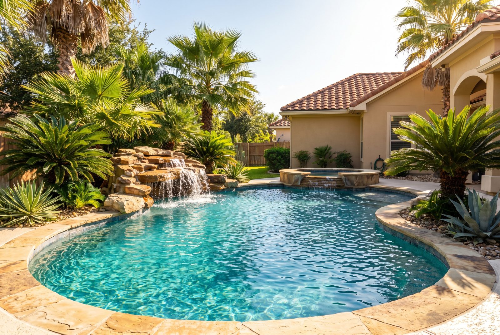 Custom freeform pool with a rock waterfall and attached spa built in McAllen, TX