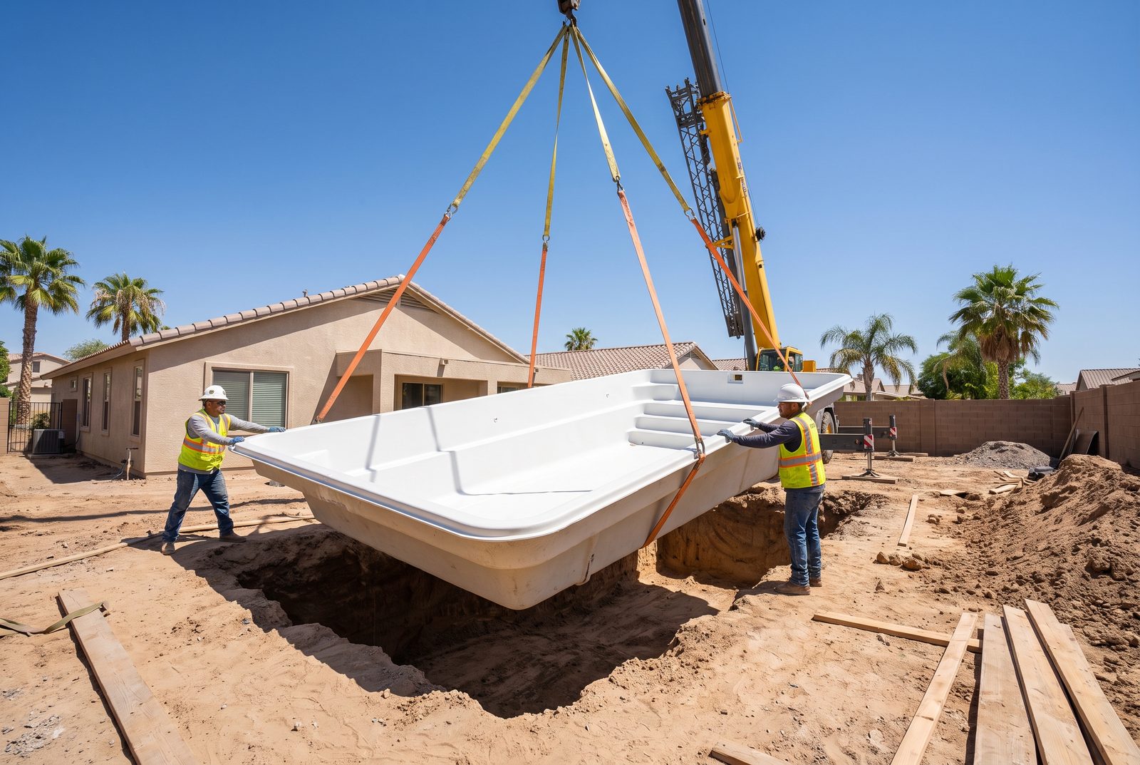 Crane setting a fiberglass pool shell into an excavated McAllen backyard