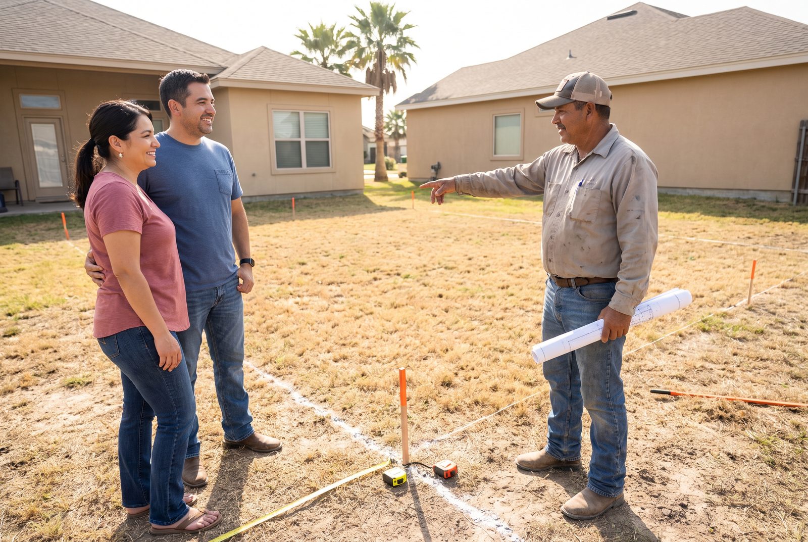 McAllen pool builder walking a homeowner's backyard during a free on-site pool estimate