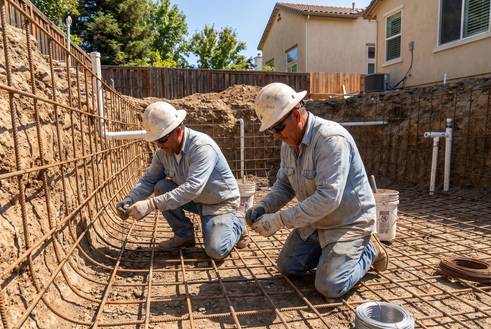 Pool builders tying the steel rebar cage inside a gunite pool shell in McAllen, TX
