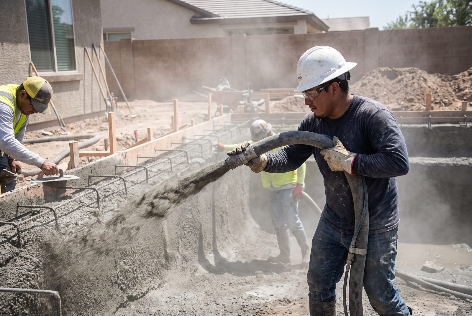 McAllen pool contractor spraying gunite into a new swimming pool shell
