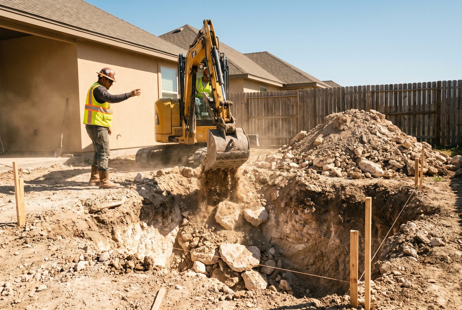 Pool builder crew excavating a swimming pool through caliche soil in a McAllen backyard