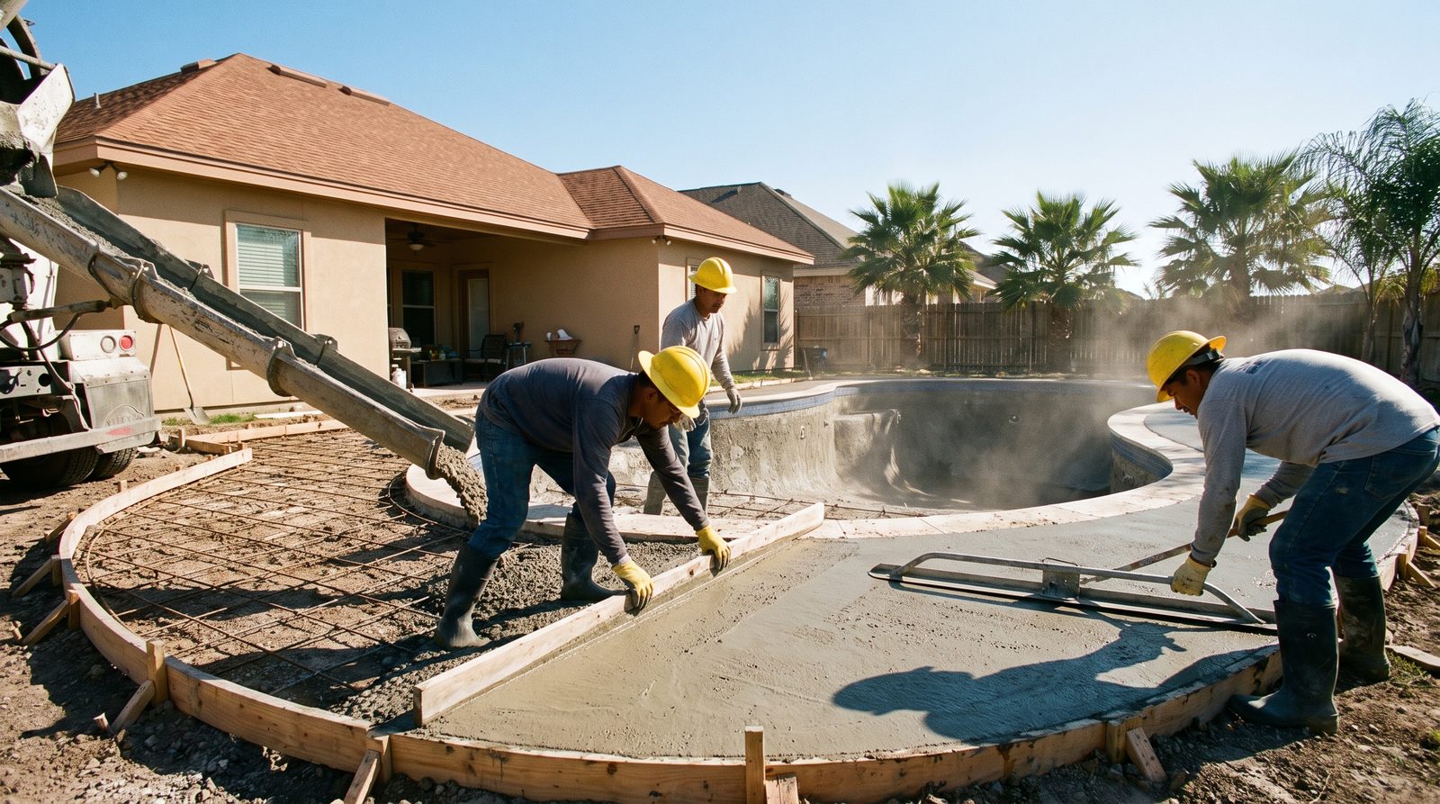 Concrete crew pouring and screeding a new pool deck at a McAllen home