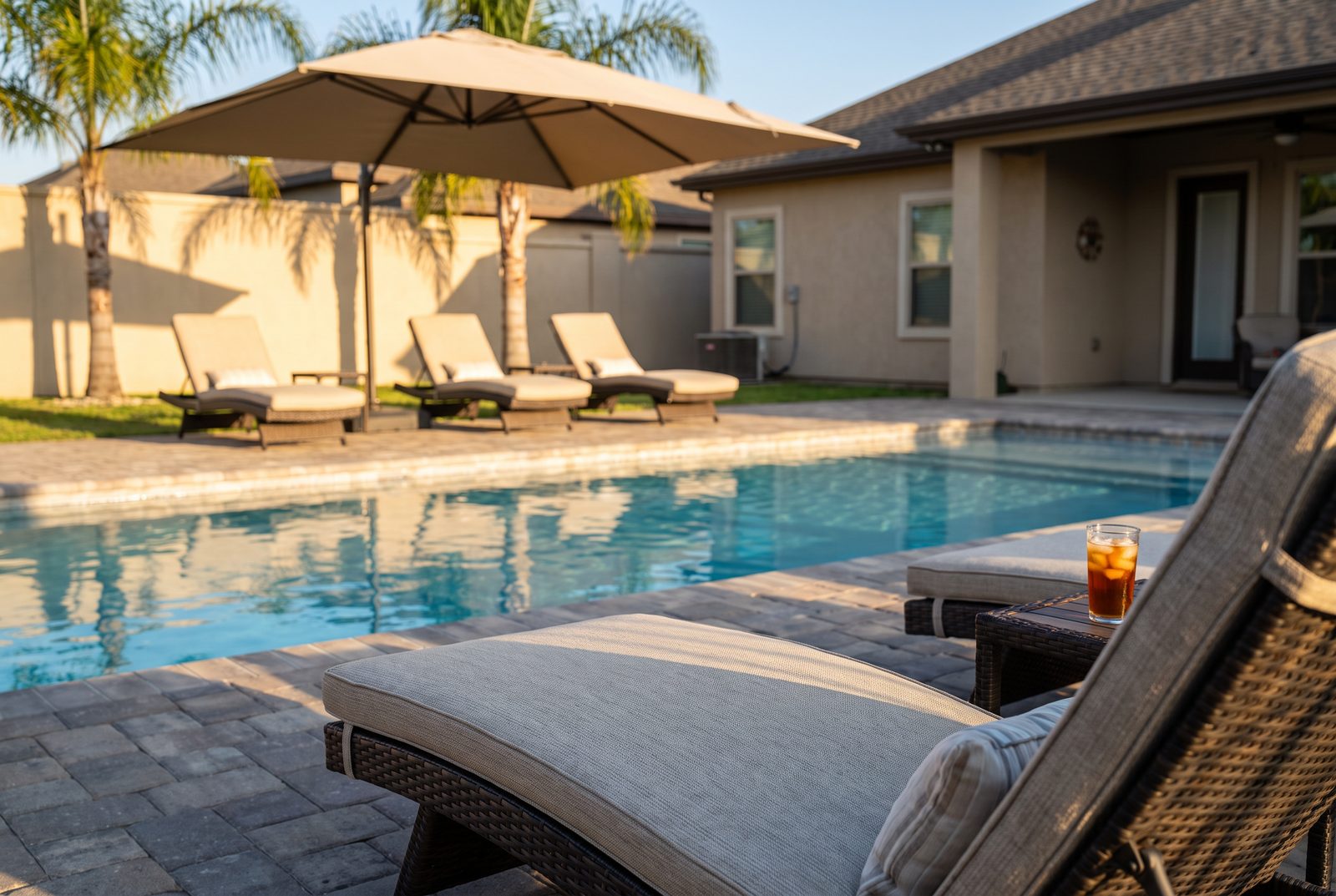 Paver pool deck with lounge chairs beside a custom pool in McAllen, TX