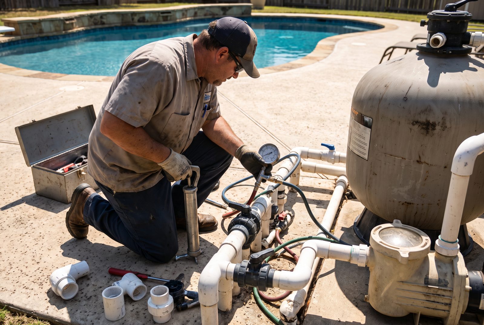 Pool technician pressure testing plumbing lines to find a leak at a McAllen home