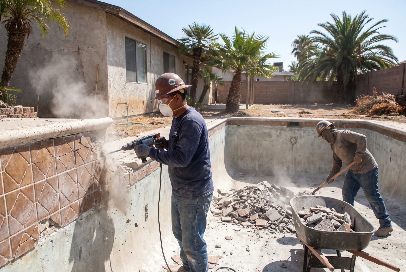 Pool remodeling crew chipping out old plaster and dated tile on a McAllen pool