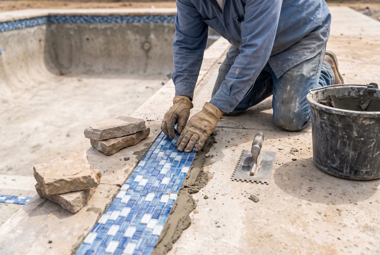 Pool builder setting new waterline tile and coping during a McAllen pool resurfacing